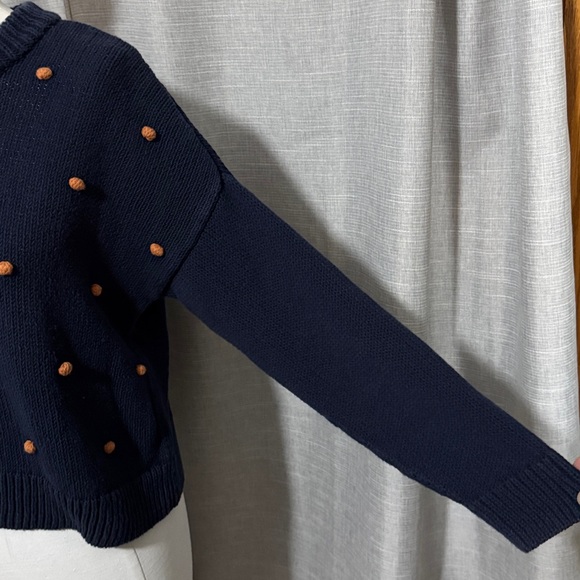 Madewell Wellesly Bobble Cotton Cropped Sweater-Sz S-Navy/Brown Pom Pom Detail - Picture 5 of 16